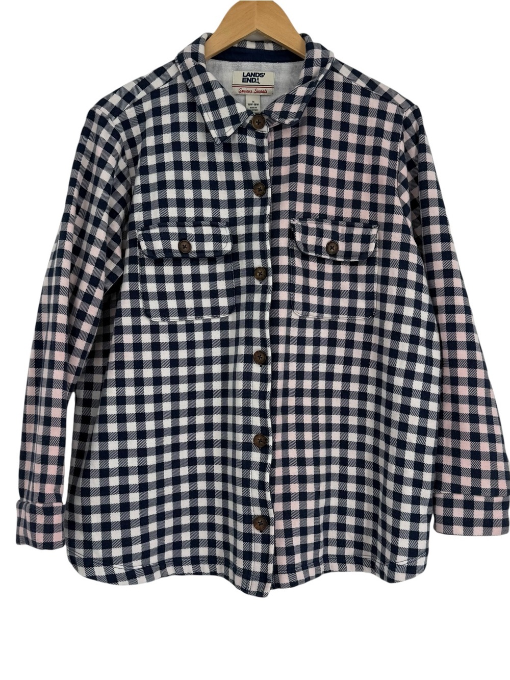Lands' End Serious Sweats Shirt Jacket Shacket Size 1X Blue Gingham Button Up
